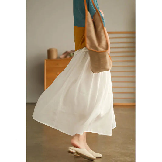 Pleated Long Cotton Ramie Summer Swing Skirt - FUSIONVIBE STORE