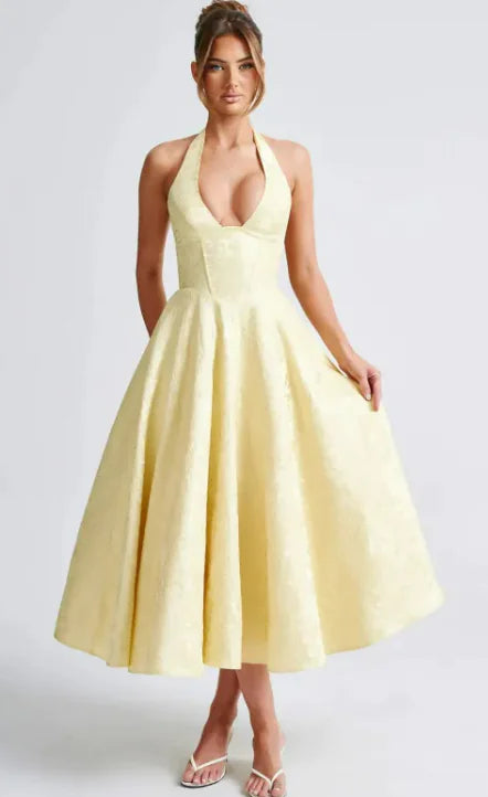 V-neck Halter Sleeveless Jacquard Lace-up Waist Dress - FUSIONVIBE STORE